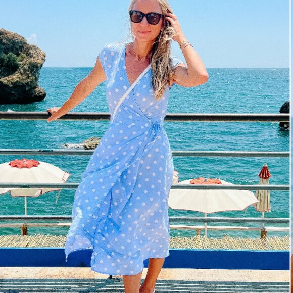 J.Crew Midi Wrap Polka Dot Dress Soft Rayon Light Blue Size Medium - Picture 1 of 7